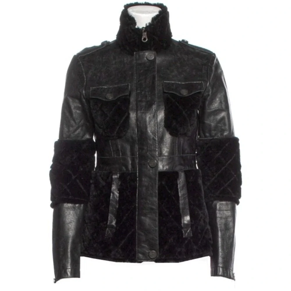 Chanel Black Leather Wool Jacket Quilted Trim CC Logo Buttons‎ Size 34